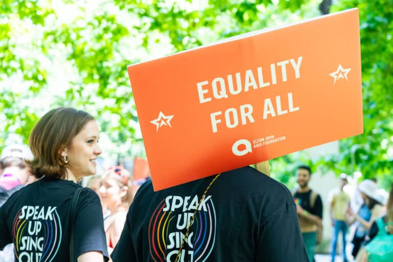 Elton John AIDS Foundation at the London Pride Parade 2024 with sign that says Equality for all